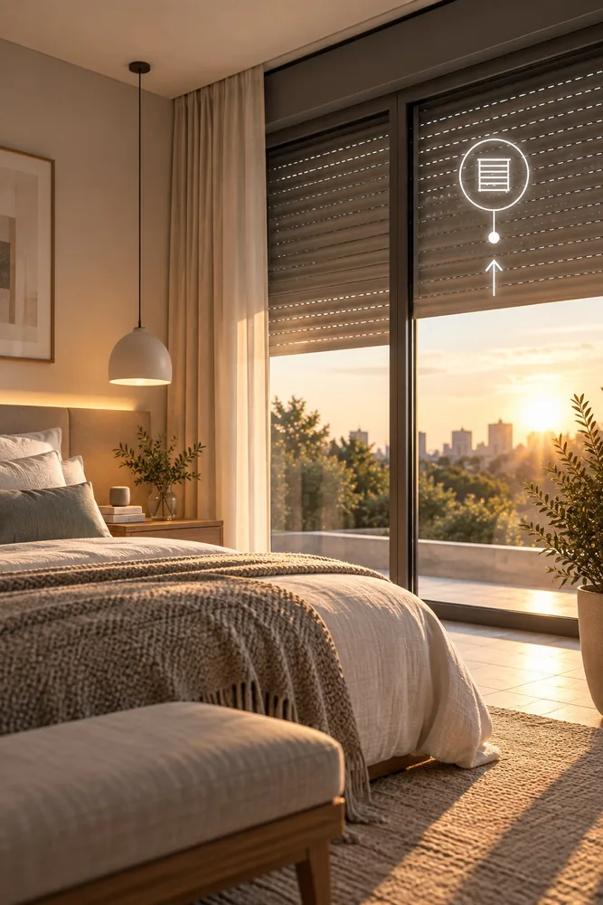 Dormitorio con la persiana subiendo al amanecer