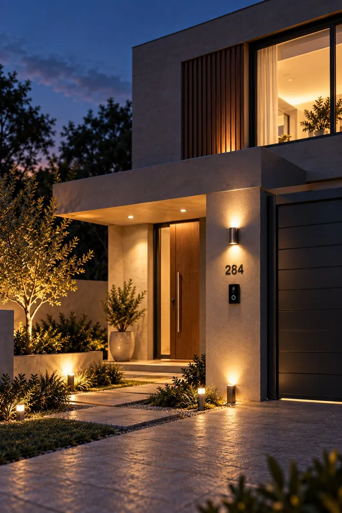 Frente de una casa al anochecer con las luces exteriores encendidas