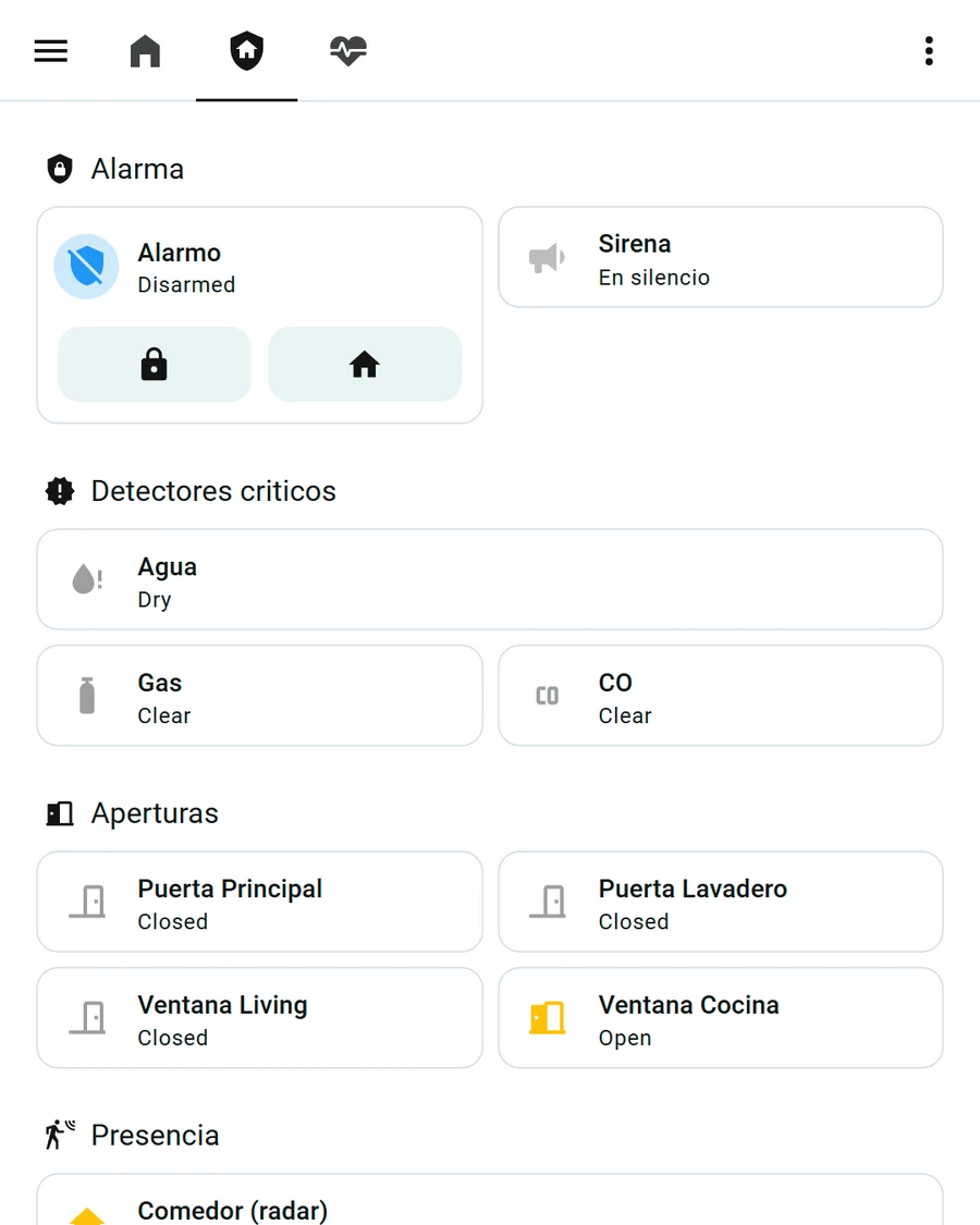 Pantalla de la app con la alarma, los detectores de agua, gas y monóxido, y las puertas y ventanas de la casa