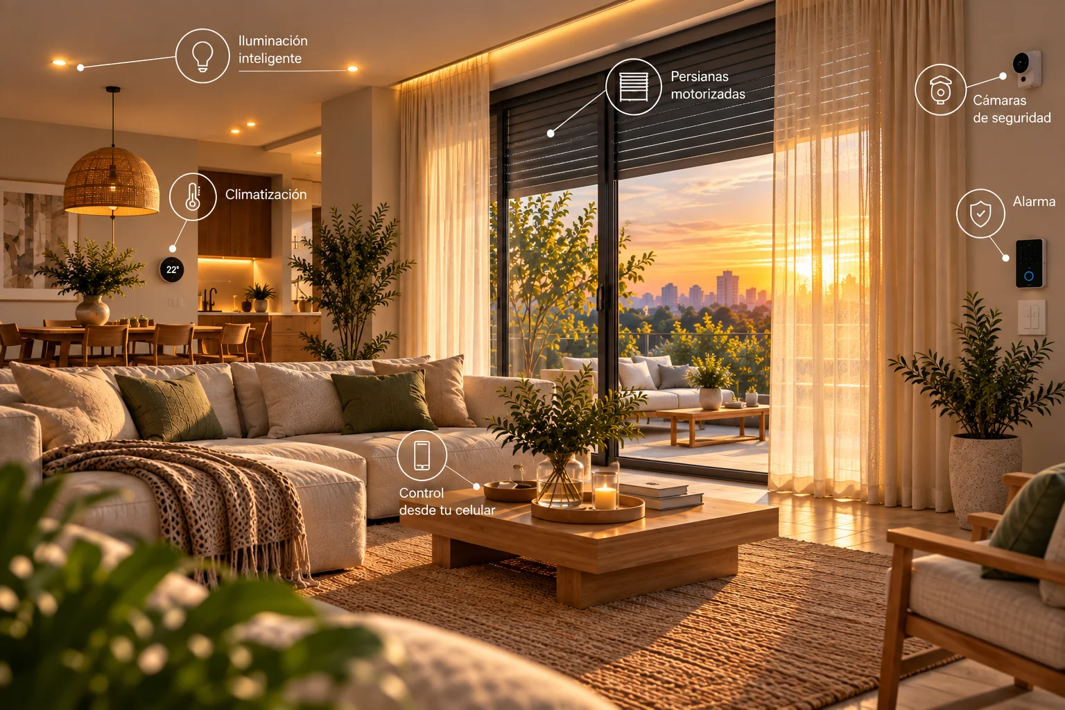 Living al atardecer con lo que se controla desde la app: iluminación, persianas, climatización, cámaras y alarma