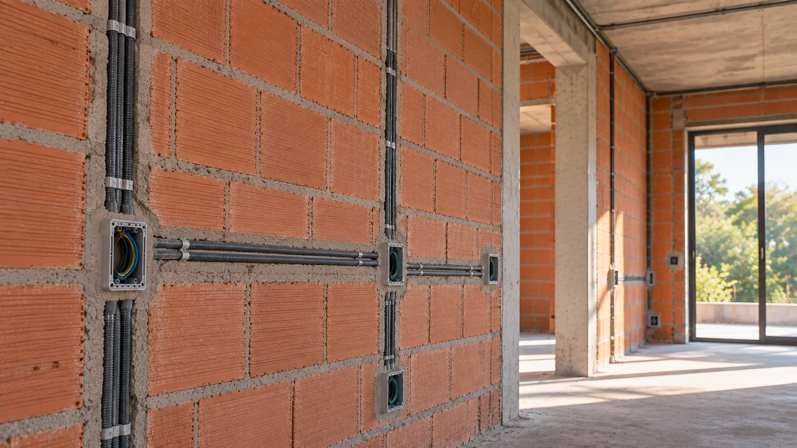 Pared de ladrillo en obra con caños corrugados y cajas eléctricas a la vista