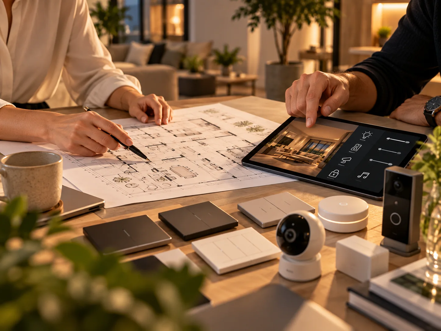 Dos personas revisan el plano de una casa y la app en una tablet, con teclas y equipos sobre la mesa