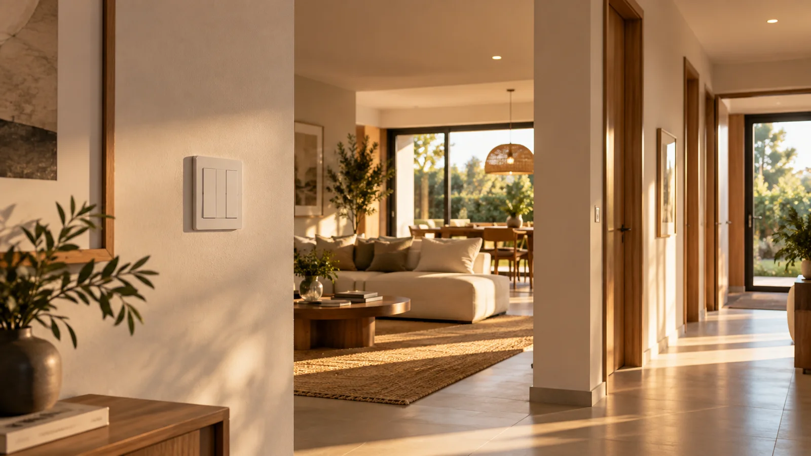 Casa terminada con una tecla de luz en la pared y el living al fondo